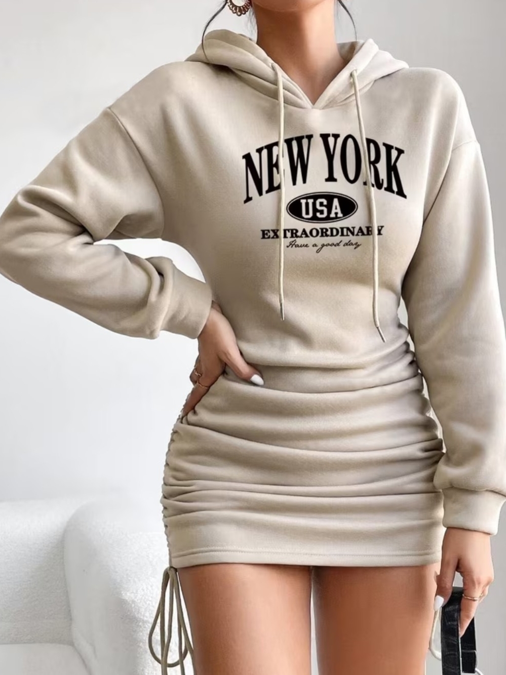 New York USA Beige Hooded Mini Dress - Casual Women's Top